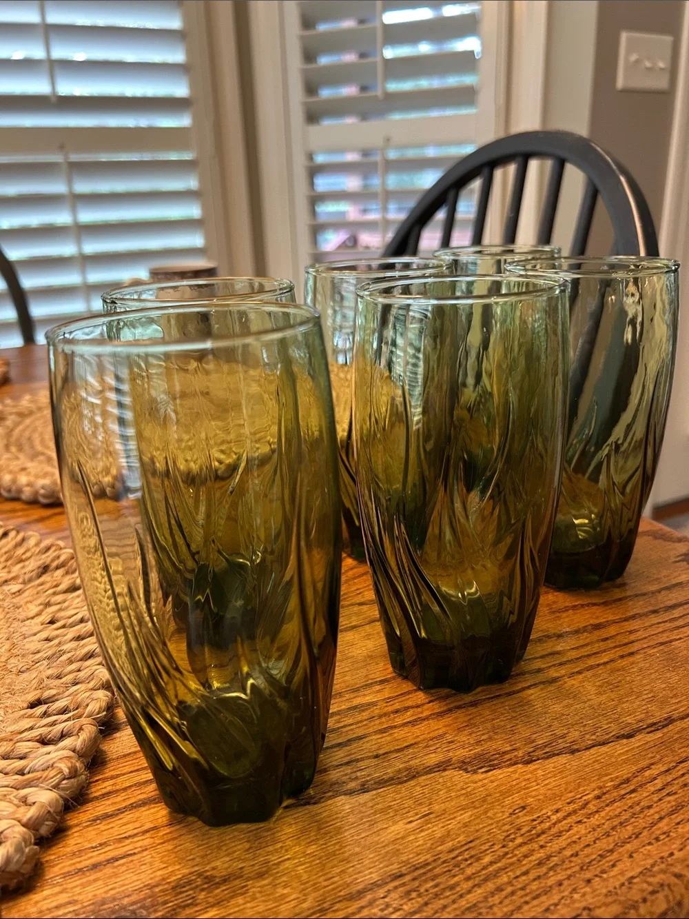 Vintage Anchor Hocking Central Park  Ivy Green Swirl Glass Tumbler Set